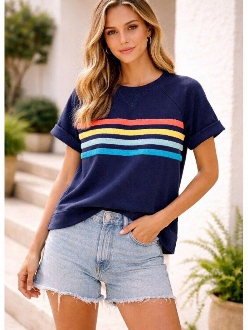 Lou & Grey Navy Rainbow Stripe Short Sleeve Sweatshirt
